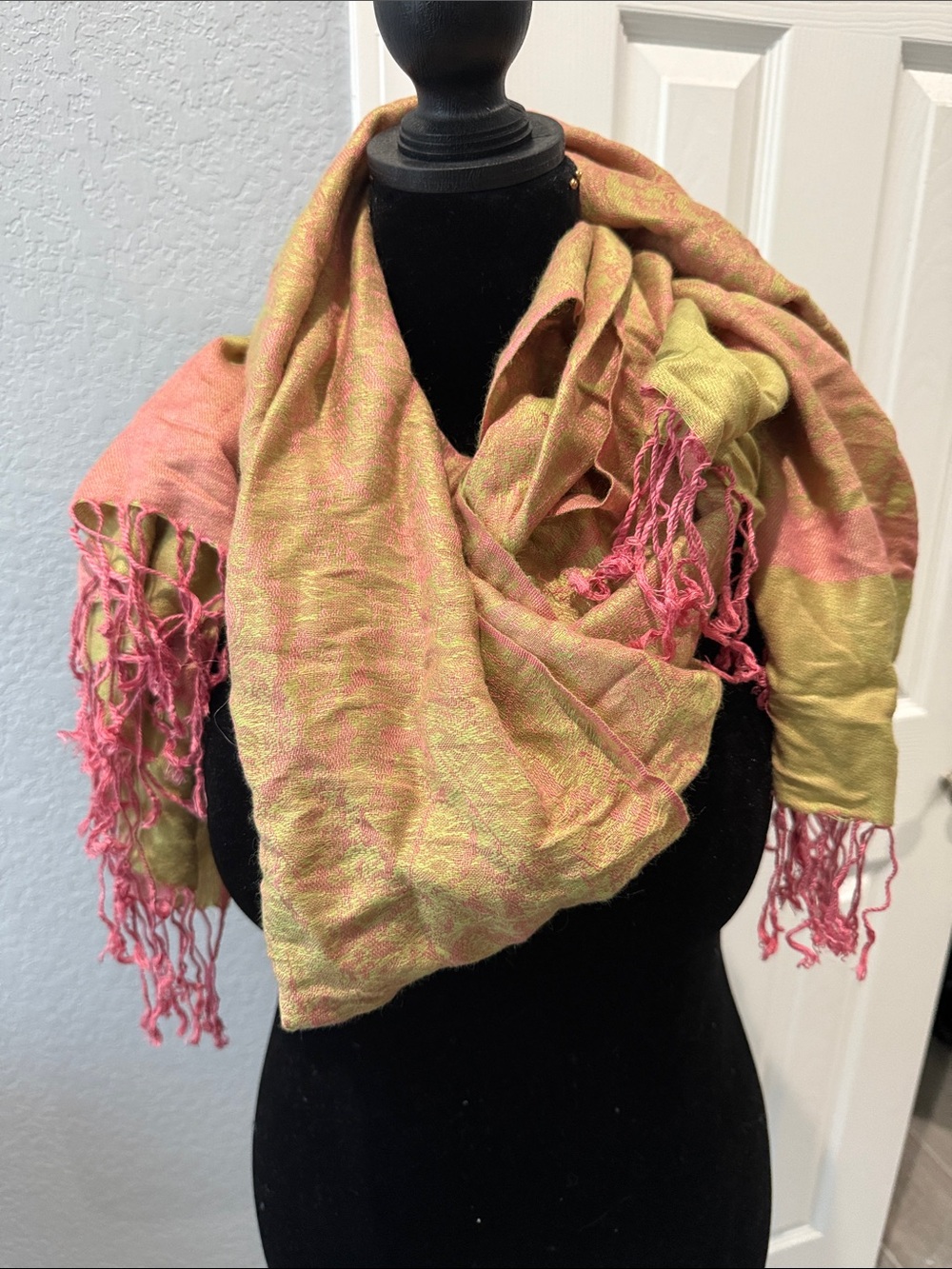 Lightweight Pink & Green Woven Fringe Scarf